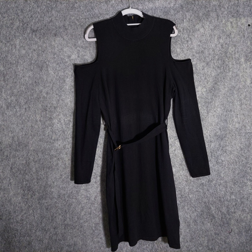Calvin Klein Women Dress XL Black Ribbed Knit Cold Shoulder Belted Midi Mob Wife
